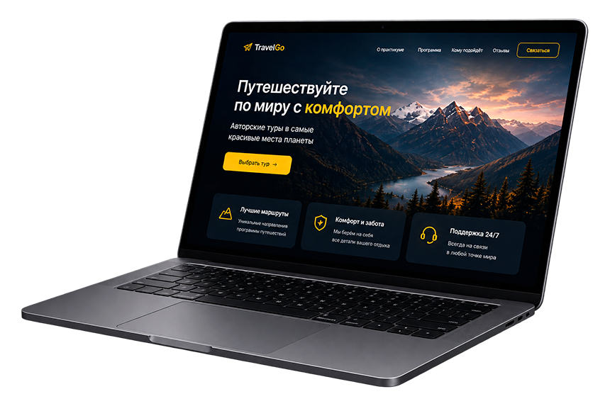 Готовый лендинг на экране ноутбука