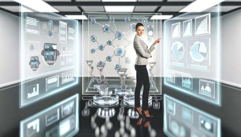 businesswoman analyzing holograms