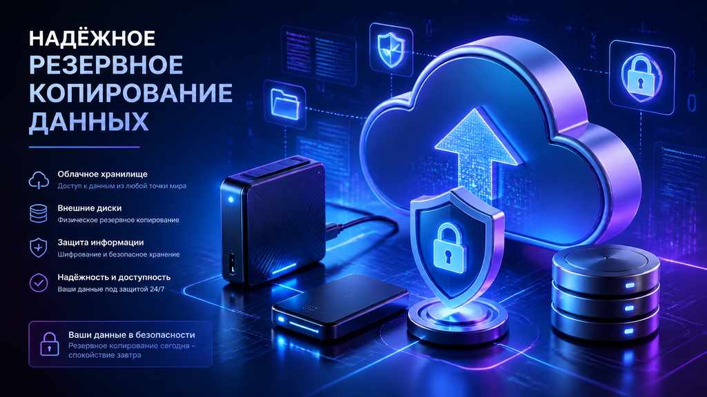 Абстрактное изображение на тему резервного копирования данных, облачного хранения и защиты цифровой информации
