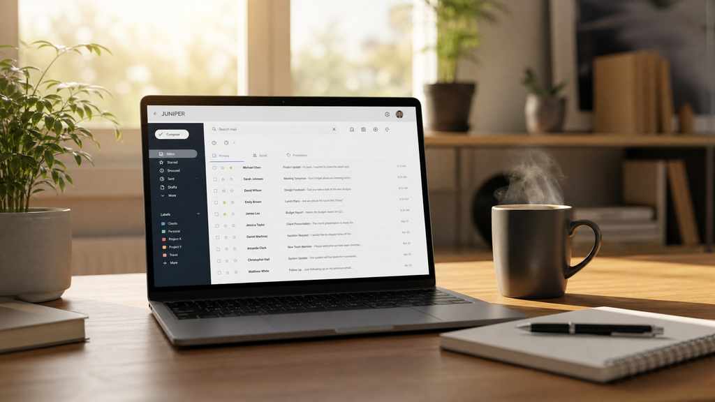 Уютное рабочее место с ноутбуком, чашкой кофе и блокнотом для написания email-рассылок