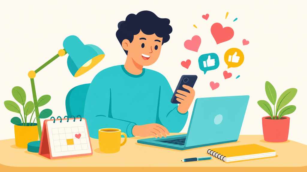 Человек пишет пост для соцсетей за ноутбуком и смартфоном