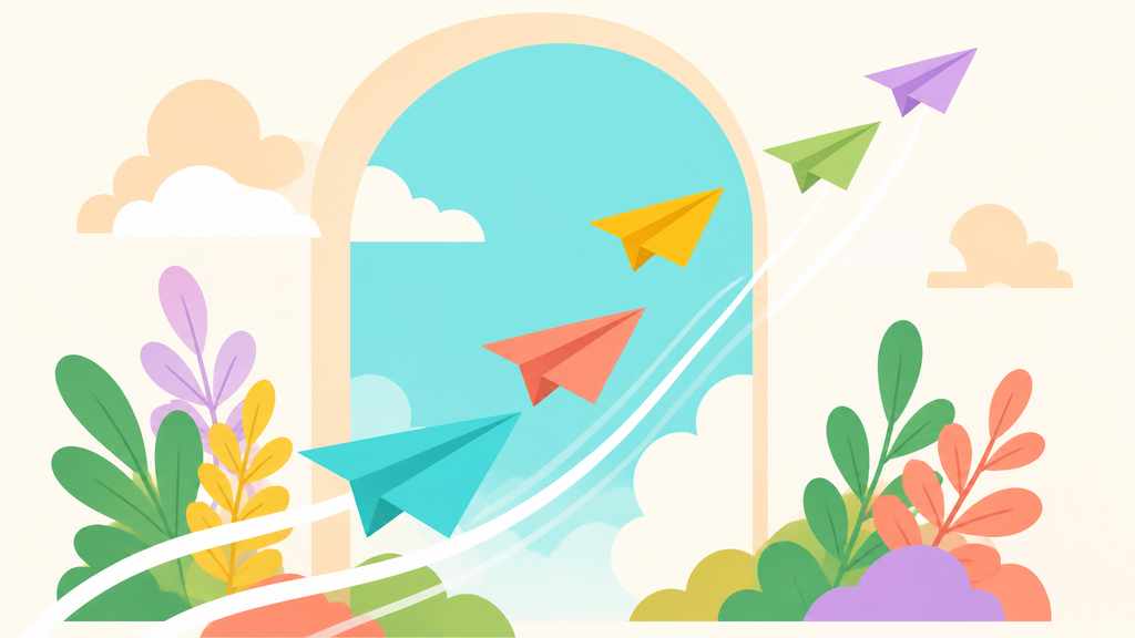 Поток бумажных самолётиков летит через арку — метафора переходов из Telegram на сайт