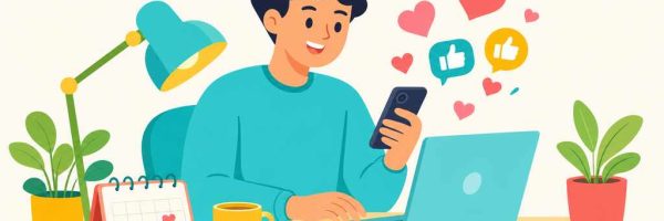 Человек пишет пост для соцсетей за ноутбуком и смартфоном