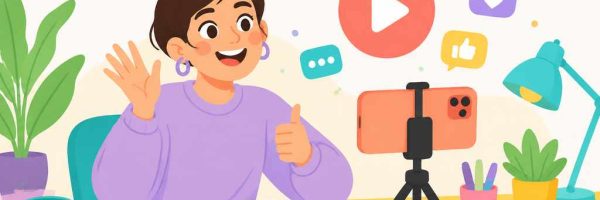 Человек снимает видео для своего канала на смартфон, рядом идеи для роликов