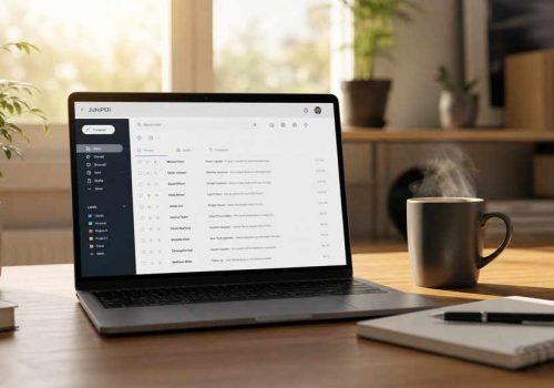 Уютное рабочее место с ноутбуком, чашкой кофе и блокнотом для написания email-рассылок