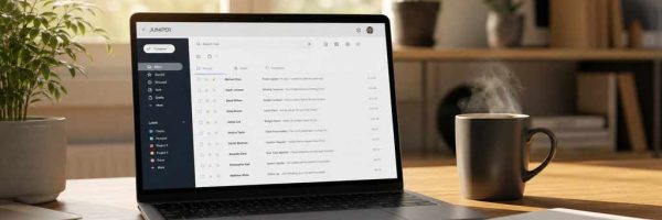 Уютное рабочее место с ноутбуком, чашкой кофе и блокнотом для написания email-рассылок