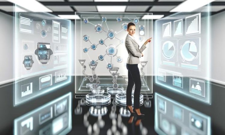 businesswoman analyzing holograms