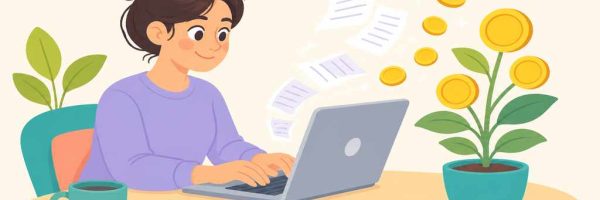 Человек печатает статью за ноутбуком, листы с текстом превращаются в монеты и денежное растение