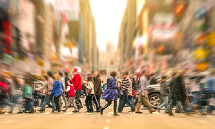Melting pot people walking on zebra crossing and traffic jam on 7th avenue in Manhattan before sunset - Crowded streets of New York City during rush hour in urban business area