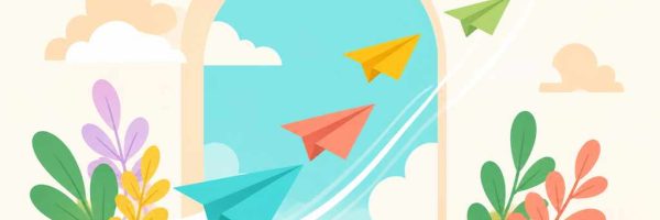 Поток бумажных самолётиков летит через арку — метафора переходов из Telegram на сайт