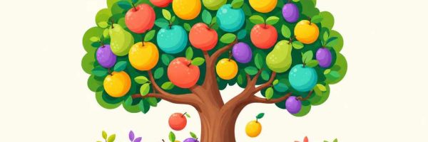 Яркое плоское дерево с сочными плодами и корзиной — метафора цифровых товаров, которые создаются один раз и приносят пользу долгое время